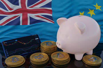 Bitcoin and cryptocurrency investing. Tuvalu flag in background. Piggy bank, the of saving concept. Mobile application for trading on stock. 3d render illustration.