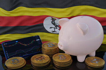 Bitcoin and cryptocurrency investing. Uganda flag in background. Piggy bank, the of saving concept. Mobile application for trading on stock. 3d render illustration.