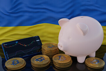 Bitcoin and cryptocurrency investing. Ukraine flag in background. Piggy bank, the of saving concept. Mobile application for trading on stock. 3d render illustration.