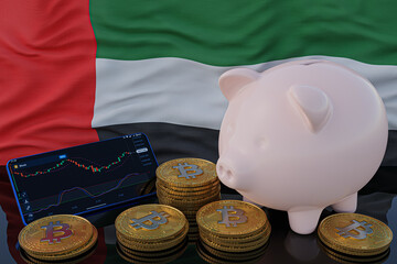 Bitcoin and cryptocurrency investing. United Arab Emirates flag in background. Piggy bank, the of saving concept. Mobile application for trading on stock. 3d render illustration.