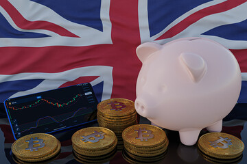 Bitcoin and cryptocurrency investing. United Kingdom flag in background. Piggy bank, the of saving concept. Mobile application for trading on stock. 3d render illustration.