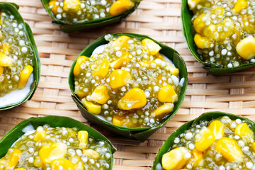 Thai dessert coconut pudding with tapioca pearl or sago and corn