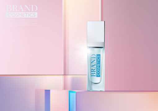 minimal cosmetic product on glass display stand decorated with crystal plate . Cosmetic Mock-up to present your branding design