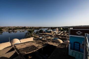 Aswan landmarks. Nubian Village looking over Nile. Spices and local people.