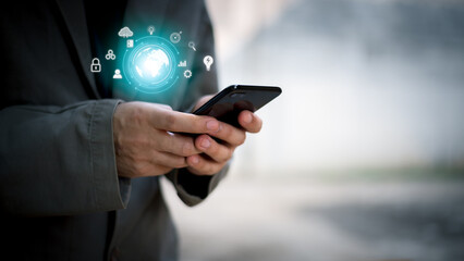 Internet networking, remotely work, data exchange concept. Young using smart mobile phone with internet network connection