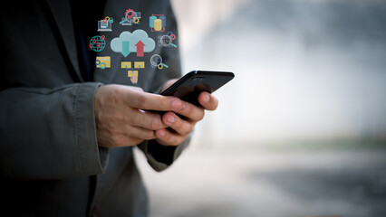 Internet networking, remotely work, data exchange concept. Young using smart mobile phone with internet network connection