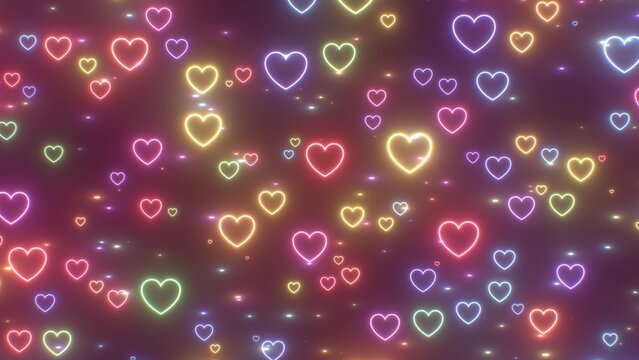 Moving Rainbow Heart Shape Outlines Glowing Neon Fluorescent Lights - Abstract Background Texture