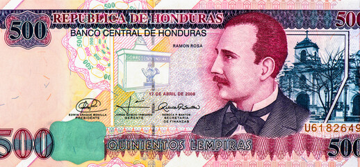 Dr. Ramon Rosa (1848â€“1893), Portrait from Honduras 500 Lempiras 2008 Banknotes.