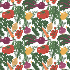 Vector seamless pattern with vegetables. Gardening. Springtime. Hand drawn illustration. The print is used for Wallpaper, fabric, textile.