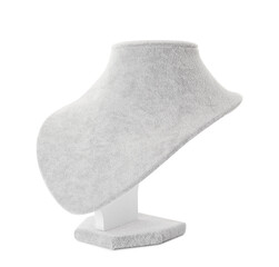 Empty light grey velvet mannequin jewelry bust isolated on white