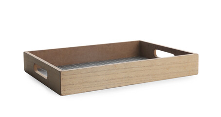 One empty wooden tray isolated on white