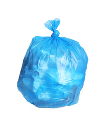 Full blue garbage bag isolated on white. Rubbish recycling