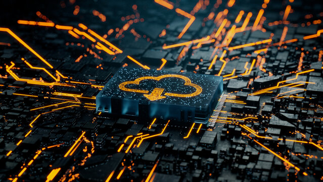 Data storage Technology Concept with cloud download symbol on a Microchip. Data flows from the CPU across a Futuristic Motherboard. 3D render.