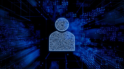 Social Technology Concept with user symbol against a Futuristic, Blue Digital Grid background. Network Tech Wallpaper. 3D Render 