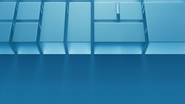 Transparent Blocks on a Blue Surface. Visionary Tech Concept with space for copy. 3D Render.