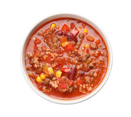 Bowl with tasty chili con carne on white background, top view