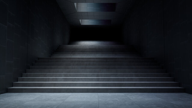 Unfurnished Interior with Black Cladding walls and Tiled Concrete floor. Stairway with Modern Architecture. 3D Render.