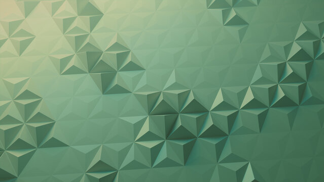 Green Geometric Surface with Tetrahedrons. Futuristic, Atmospheric 3d Wallpaper.