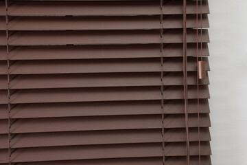 Stylish horizontal window blinds on white wall, closeup