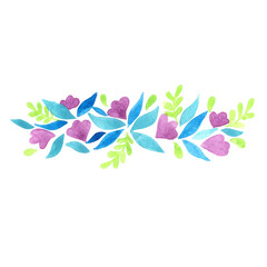 purple flower, fren leaves and leaves border watercolor for decoration on tropical garden and spring season.