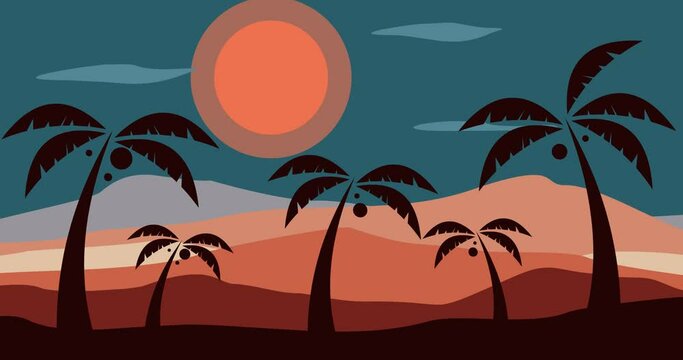 animated video background of the beach and coconut trees swaying in the wind at dusk and late at night