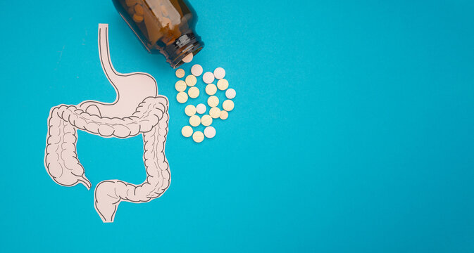 A large intestine shape made from paper and pills capsules with a bottle on a blue background