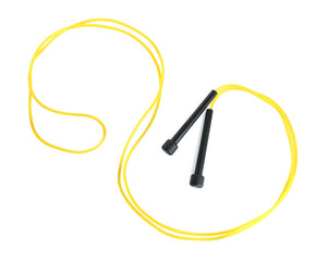 Yellow skipping rope with black handles isolated on white, top view