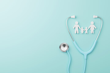 Top view of medical stethoscope and icon family on cyan background. Health care insurance concept. 3d rendering - obrazy, fototapety, plakaty