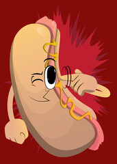 Hot Dog shows a you're nuts gesture by twisting his finger around his temple. American fast food as a cartoon character with face.