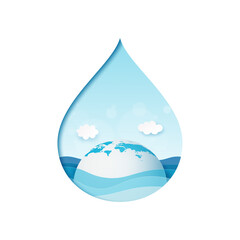 World water day.Earth in water drop.Paper art of save water for ecology and environment conservation concept design.