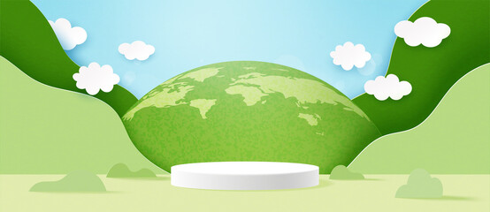 3d Cylinder podium on green nature landscape background.Earth Day or World Environment Day banner template background.