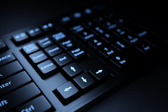 Computer black  keyboard on black background. 3D rendering of streaming gear and gamer workspace concept