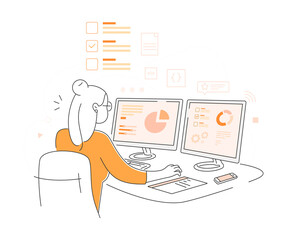 Beautiful geeky female characters Using computers doing research, analysis, office work on a desk. Vector illustration in flat style.
