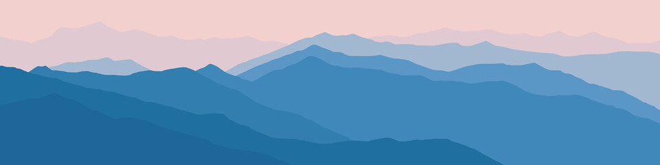 Vector illustration of mountains, ridge in the morning haze, panoramic view