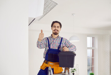 Portrait of happy handsome mustached AC maintenance guy standing on ladder, holding toolbox,...