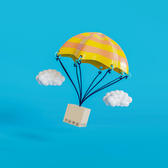 3d illustration flying cardboard with parachute and clouds - obrazy, fototapety, plakaty