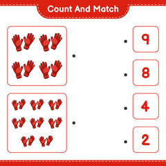Count and match, count the number of Goalkeeper Gloves and match with the right numbers. Educational children game, printable worksheet, vector illustration