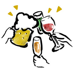 お酒で乾杯している手描き和風イラスト