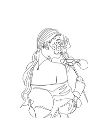 A woman covering her face with a flower is drawn in one line art style. Body expression. Printable art.