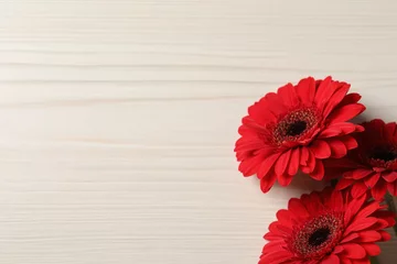 Poster Bouquet of beautiful red gerbera flowers on wooden background, top view. Space for text © New Africa