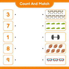 Count and match, count the number of Rackets, Dumbbell, Rugby Ball, Goggle, Shoes and match with the right numbers. Educational children game, printable worksheet, vector illustration