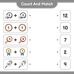 Count and match, count the number of Racket, Basketball, Trophy, Helmet and match with the right numbers. Educational children game, printable worksheet, vector illustration