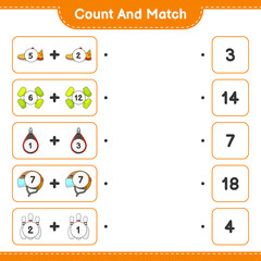 Count and match, count the number of Helmet, Shoes, Bowling Pin, Dumbbell, Punching Bag and match with the right numbers. Educational children game, printable worksheet, vector illustration