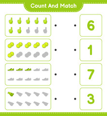Count and match, count the number of Foam Finger, Whistle, Tennis Ball, Sneaker and match with the right numbers. Educational children game, printable worksheet, vector illustration