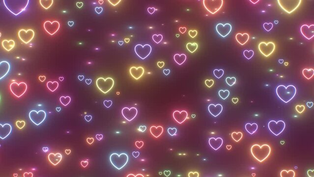 Moving Rainbow Heart Shape Outlines Glowing Neon Fluorescent Lights - 4K Seamless VJ Loop Motion Background Animation
