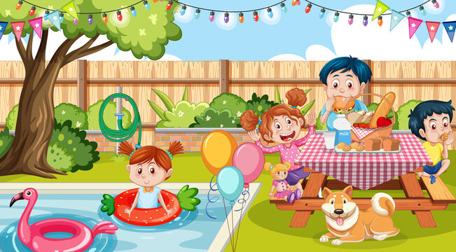 Scene of backyard with kids and fence