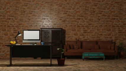 Office at night, dark workspace, blank screen desktop computer mockup on a desk with light from the table lamp, decor and blurred office interior in the background, 3d rendering