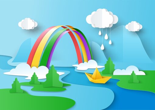Rainy clouds in the sky, rainbow hanging over the river, boat floating on water, vector illustration in paper art style.