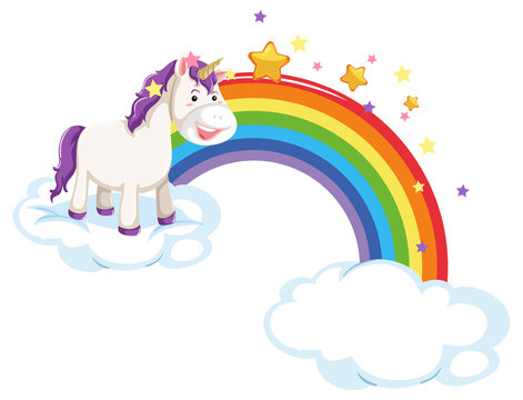 Purple unicorn standing on a cloud with rainbow