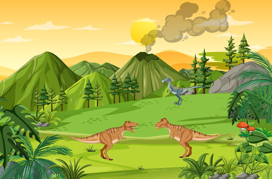 Nature scene with trees on mountains with dinosaur